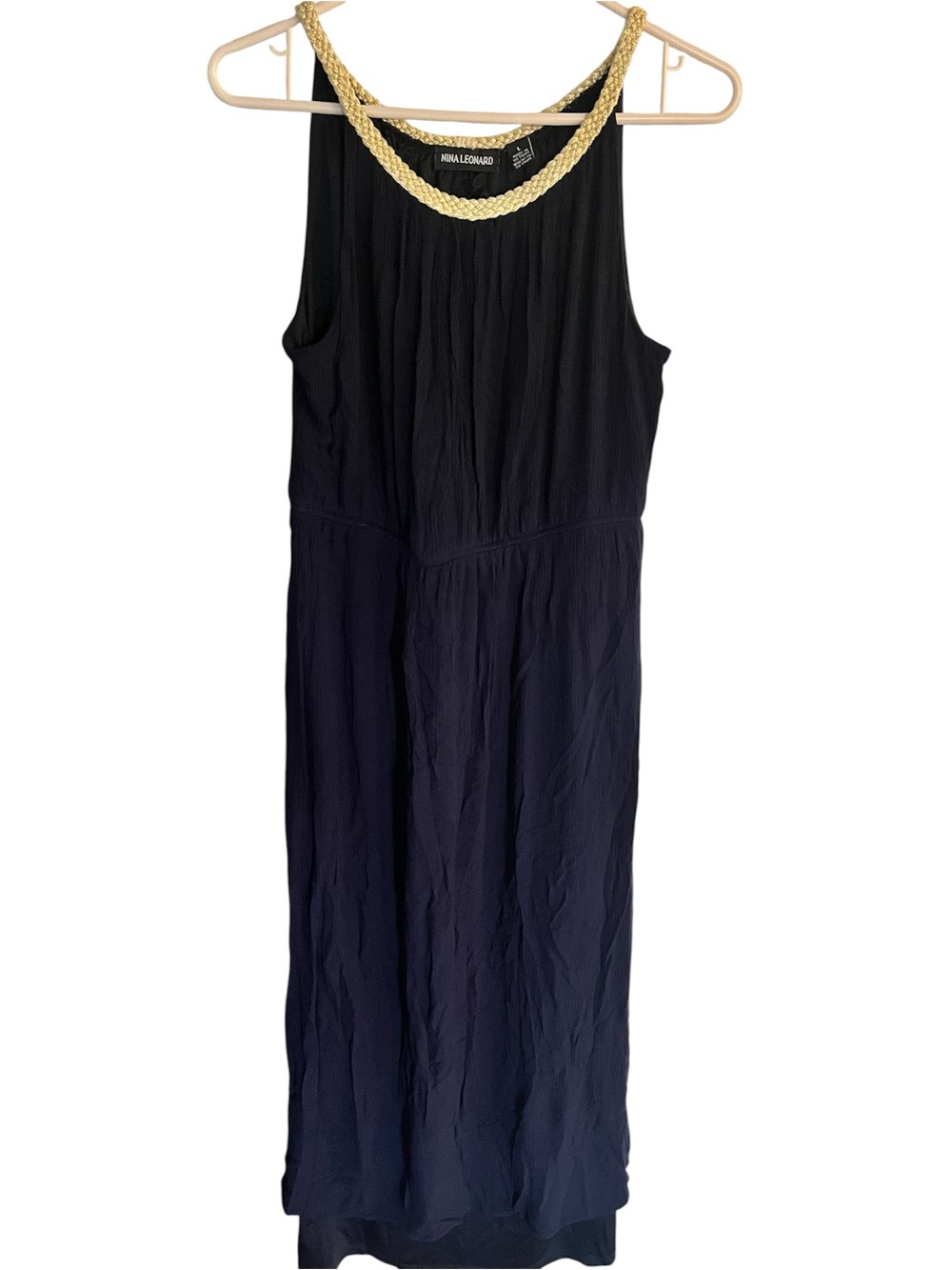 Nina Leonard Navy Maxi Dress with Gold Braided Neckline size L,,/L330